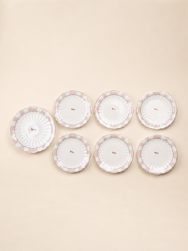 SAGA 7 Parça Kuş Desenli Porselen Pasta Servis Seti Pembe