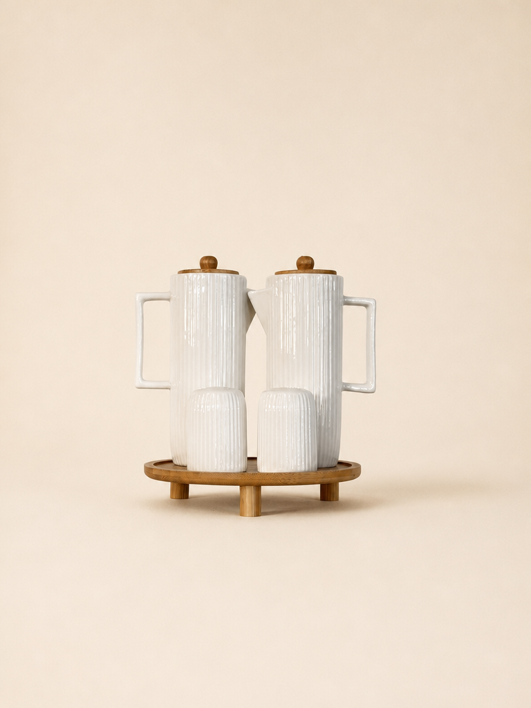 BESA Bambu Standlı 4'lü Porselen Yağdanlık & Tuzluk Biberlik Seti - 2