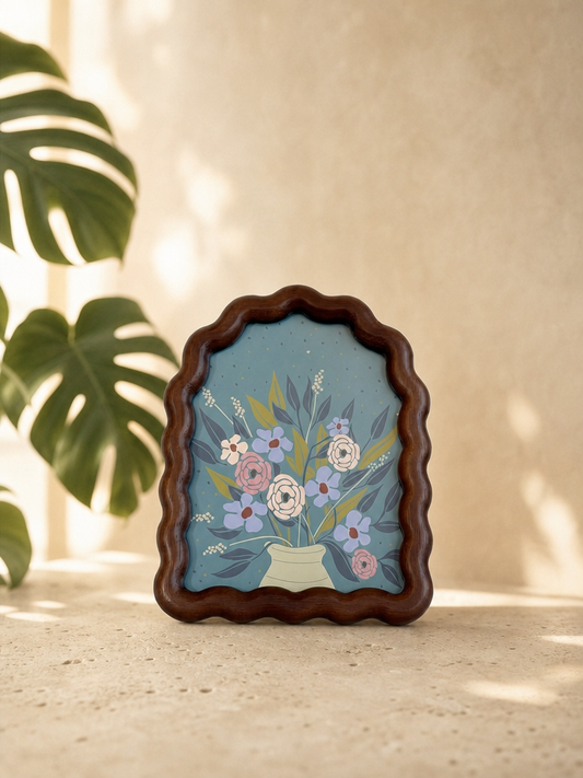 FLORA Ahşap Dalgalı Çerçeveli Vintage Çiçek Vazo Tablosu Mavi - yp2