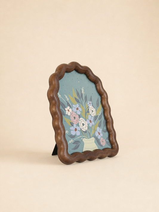 FLORA Ahşap Dalgalı Çerçeveli Vintage Çiçek Vazo Tablosu Mavi - 1