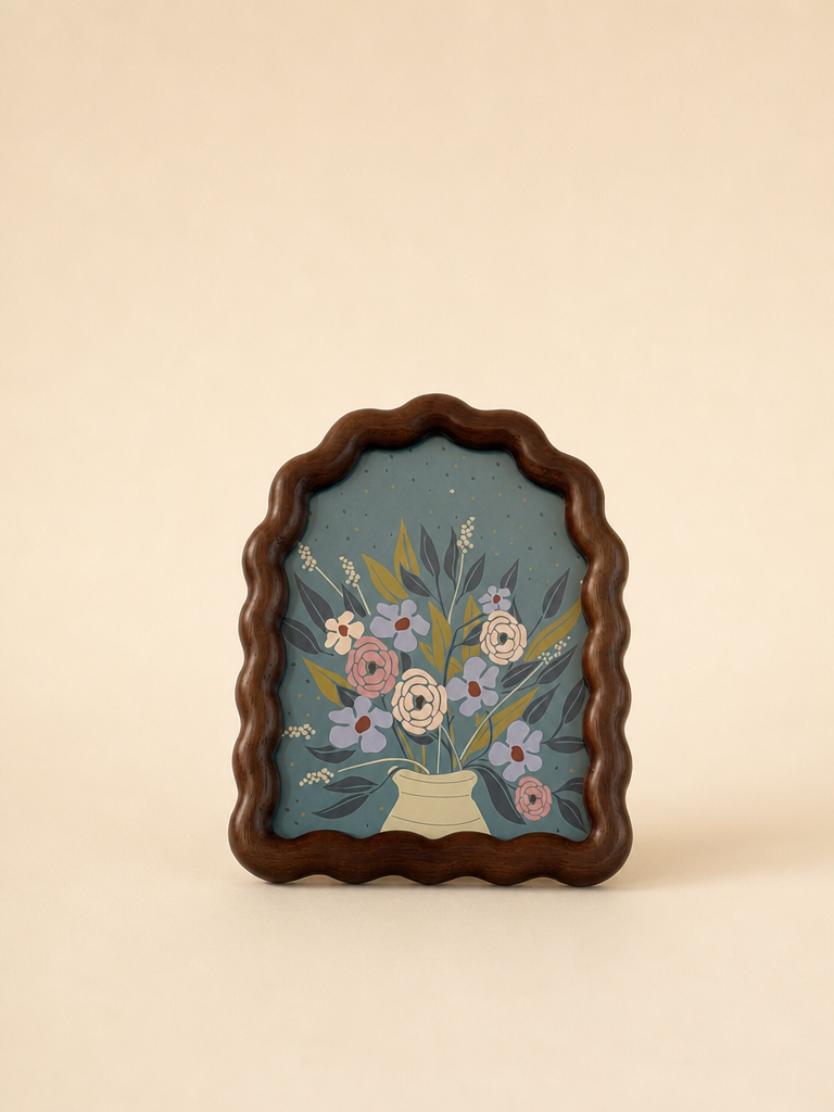 FLORA Ahşap Dalgalı Çerçeveli Vintage Çiçek Vazo Tablosu Mavi - 2