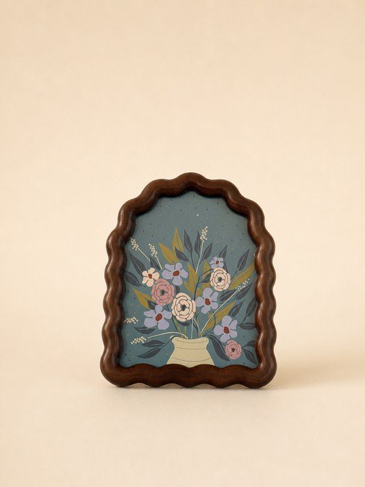 FLORA Ahşap Dalgalı Çerçeveli Vintage Çiçek Vazo Tablosu Mavi - 2