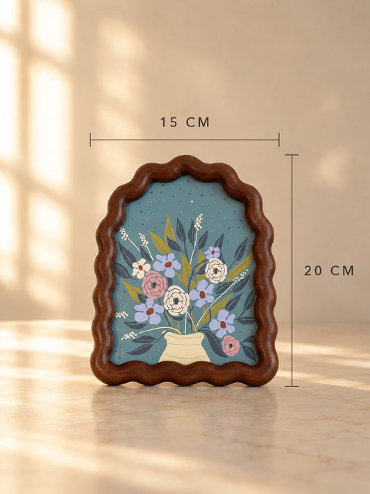 FLORA Ahşap Dalgalı Çerçeveli Vintage Çiçek Vazo Tablosu Mavi