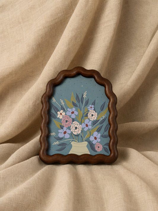 FLORA Ahşap Dalgalı Çerçeveli Vintage Çiçek Vazo Tablosu Mavi - v2