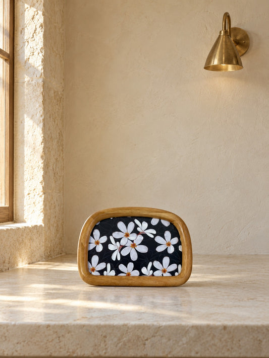 FLORA Ahşap Oval Çerçeveli Tablo Beyaz Çiçek Yatay