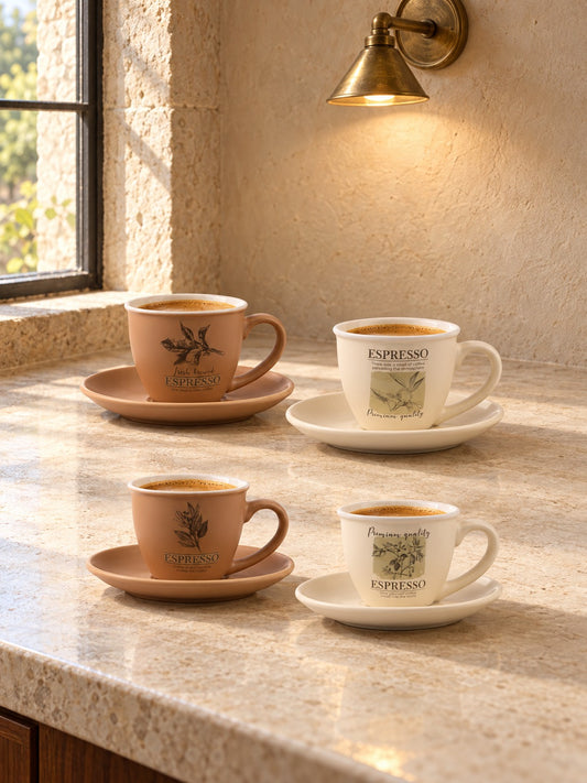 LIVIA 4'li Espresso Fincan Tabaklı Seti Botanik Desenli Vintage