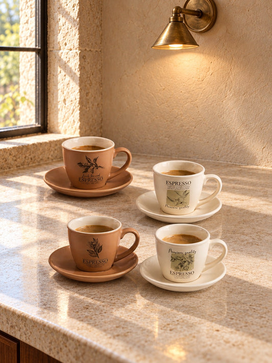 LIVIA 4'li Espresso Fincan Tabaklı Seti Botanik Desenli Vintage