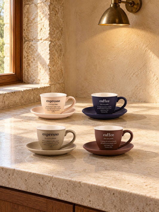 LIVIA 4'lü Espresso Fincan Tabaklı Seti Coffee Espresso Yazılı