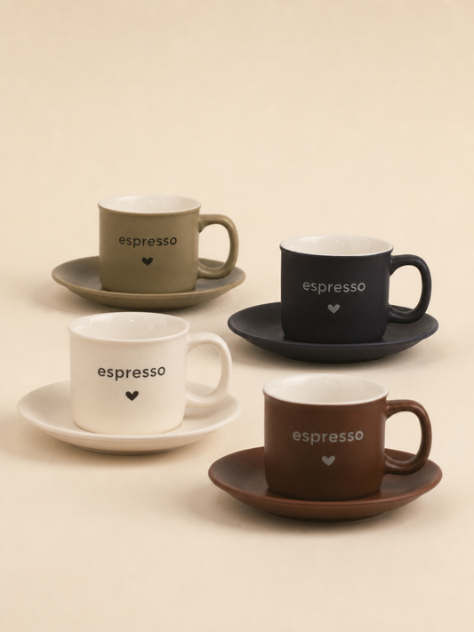LIVIA 4'lü Espresso Fincan Tabaklı Seti Kalp Detaylı