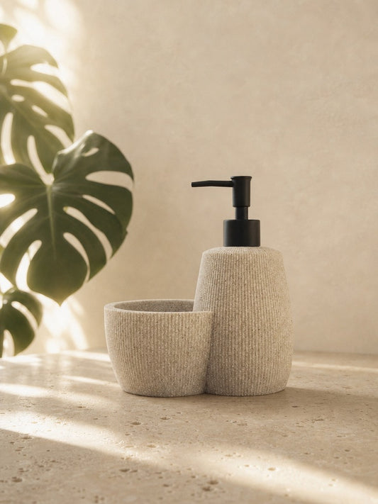 MARA Banyo Aksesuar Seti Taş Efektli Sabunluk ve Bardak