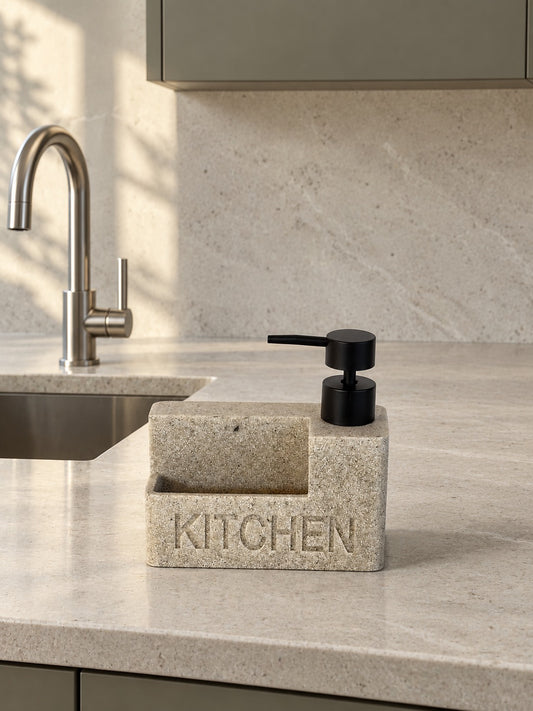 MARA Taş Efektli Sıvı Sabunluk Süngerlikli Kitchen Yazılı