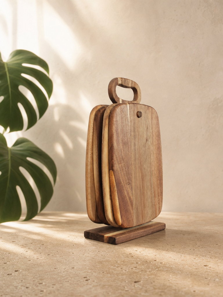 NINA 4'lü Akasya Ahşap Kesme Tahtası Seti Standlı - yp2