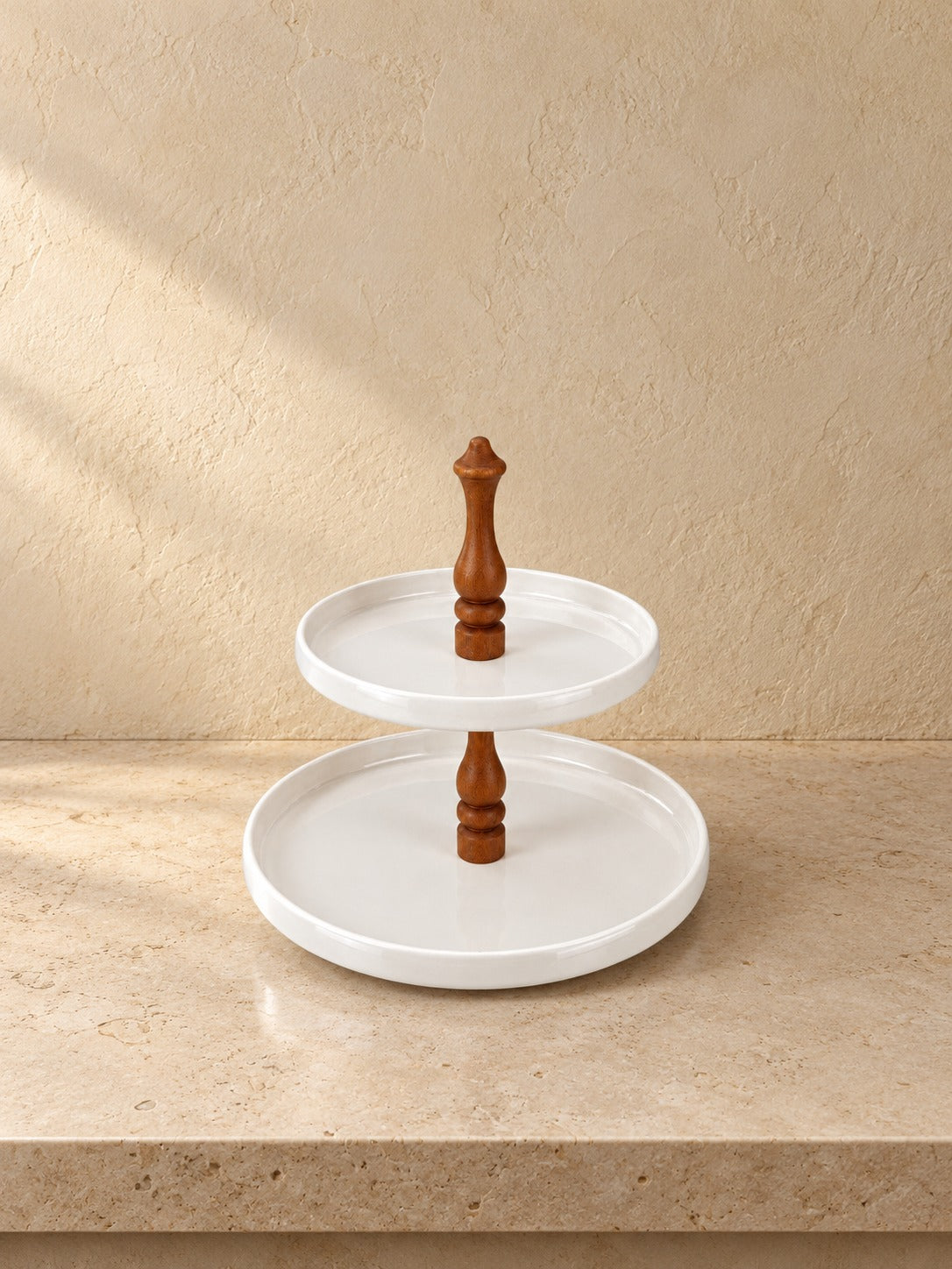 NORE 2 Katlı Porselen Pasta / Kurabiye Sunum Standı Akasya Ahşap Saplı