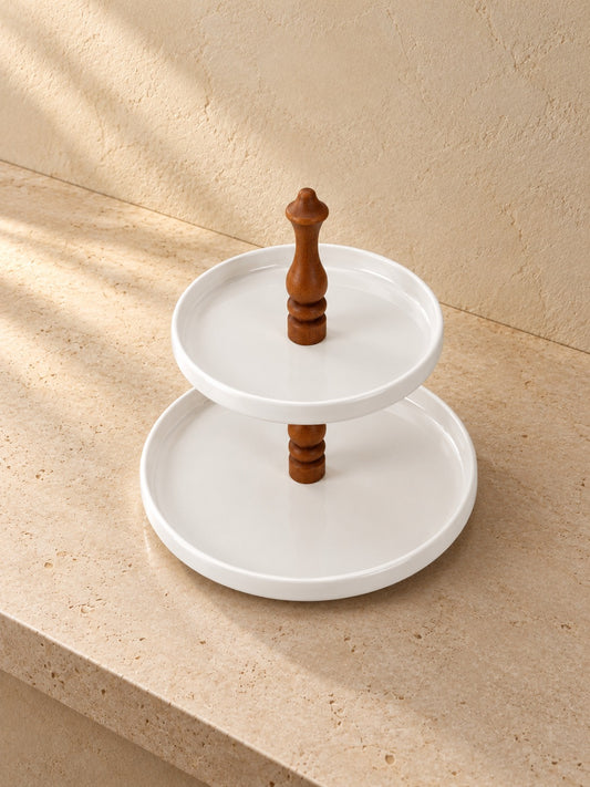 NORE 2 Katlı Porselen Pasta / Kurabiye Sunum Standı Akasya Ahşap Saplı