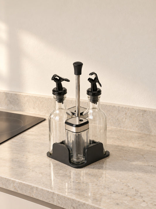 OLIVA 4'lü Cam Yağdanlık Sirkelik Tuzluk Karabiberlik Seti Metal Standlı