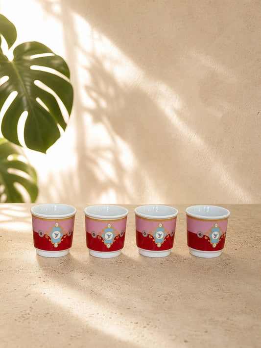 PERVA 4'lü Kulpsuz Mini Porselen Espresso Fincanı Kuş Desenli Pembe