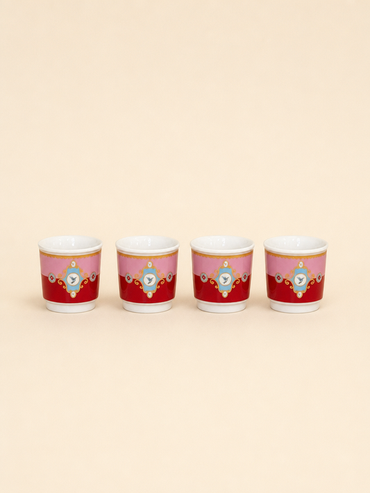 PERVA 4'lü Kulpsuz Mini Porselen Espresso Fincanı Kuş Desenli Pembe