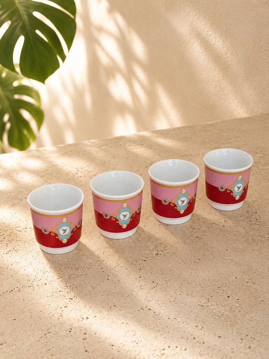 PERVA 4'lü Kulpsuz Mini Porselen Espresso Fincanı Kuş Desenli Pembe