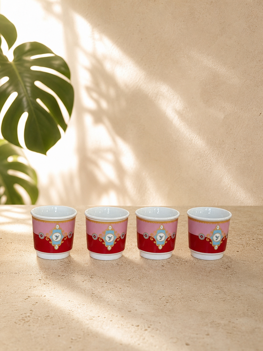 PERVA 4'lü Kulpsuz Mini Porselen Espresso Fincanı Kuş Desenli Pembe