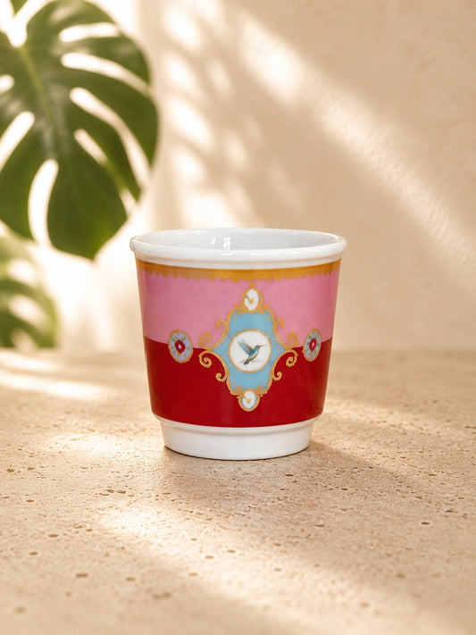 PERVA 4'lü Kulpsuz Mini Porselen Espresso Fincanı Kuş Desenli Pembe