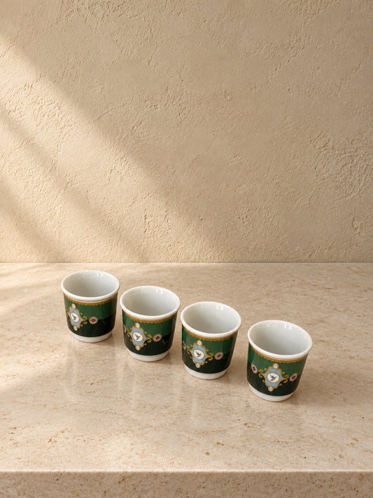 PERVA 4'lü Kulpsuz Mini Porselen Espresso Fincanı Kuş Desenli Yeşil