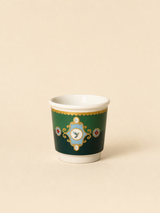 PERVA 4'lü Kulpsuz Mini Porselen Espresso Fincanı Kuş Desenli Yeşil