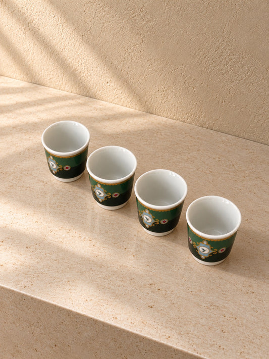 PERVA 4'lü Kulpsuz Mini Porselen Espresso Fincanı Kuş Desenli Yeşil
