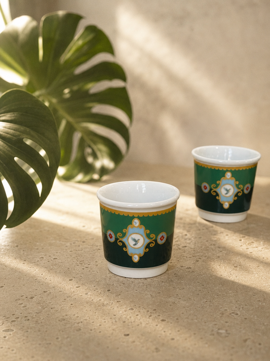 PERVA 4'lü Kulpsuz Mini Porselen Espresso Fincanı Kuş Desenli Yeşil