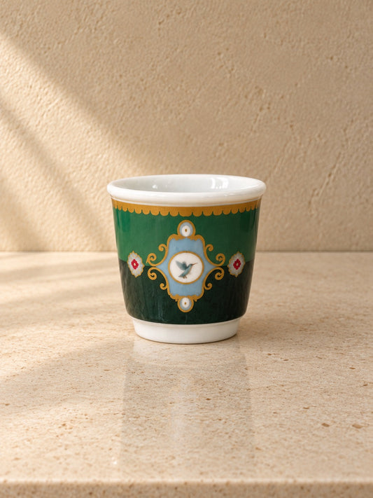 PERVA 4'lü Kulpsuz Mini Porselen Espresso Fincanı Kuş Desenli Yeşil