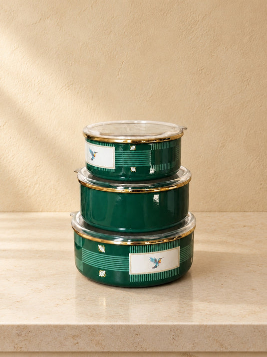 PERVA Emaye 3'lü Saklama Kabı Seti Kuş Desenli Yeşil