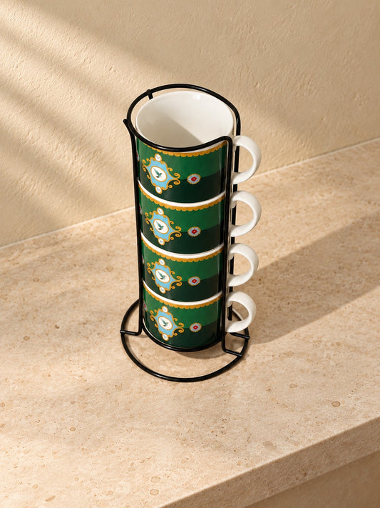 PERVA Metal Standlı 4'lü Porselen Kupa Seti Kuş Desenli Yeşil