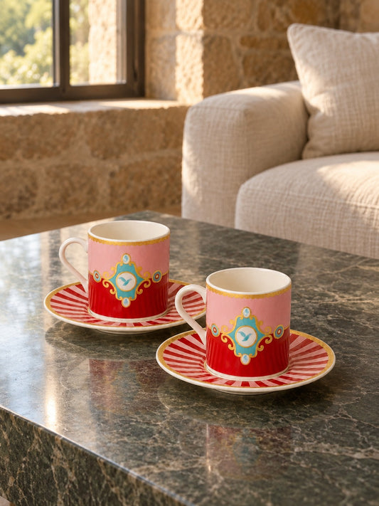 PERVA Porselen 2'li Kahve Fincanı Seti Kuş Desenli Pembe