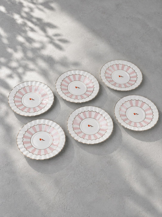 SAGA 6 Parça Kuş Desenli Porselen Çay Tabağı Seti Pembe
