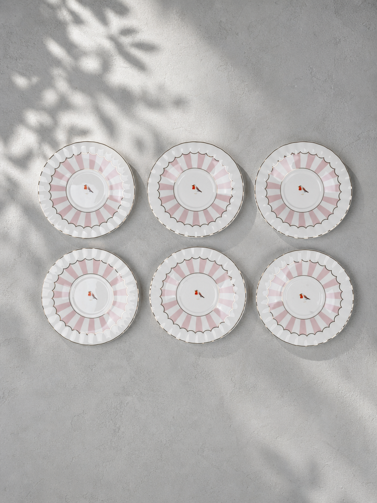 SAGA 6 Parça Kuş Desenli Porselen Çay Tabağı Seti Pembe - rev0206