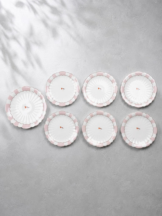 SAGA 7 Parça Kuş Desenli Porselen Pasta Servis Seti Pembe