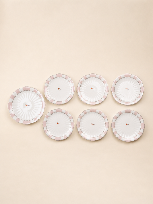 SAGA 7 Parça Kuş Desenli Porselen Pasta Servis Seti Pembe