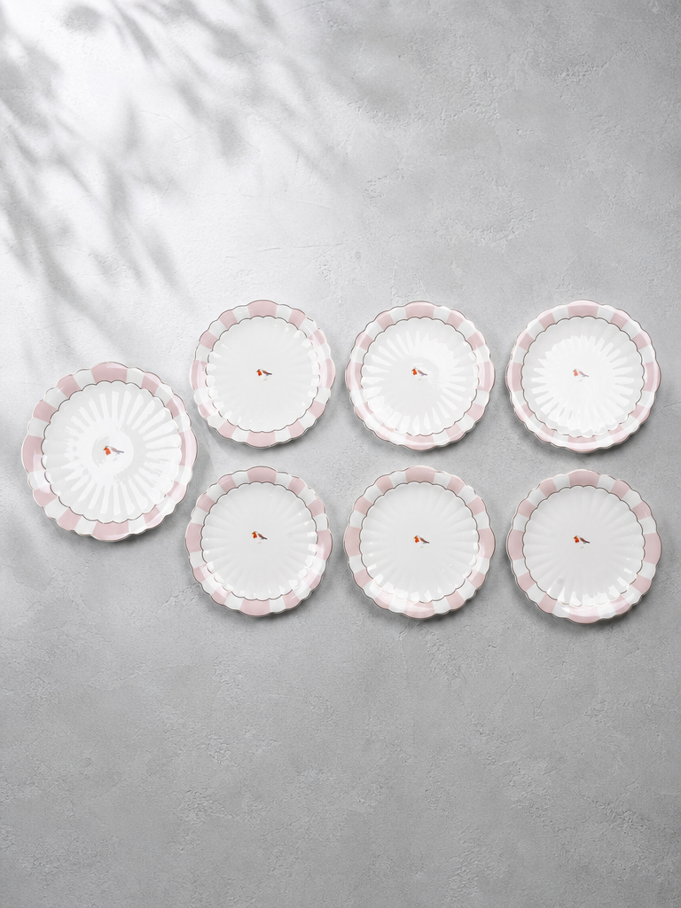SAGA 7 Parça Kuş Desenli Porselen Pasta Servis Seti Pembe - rev0206