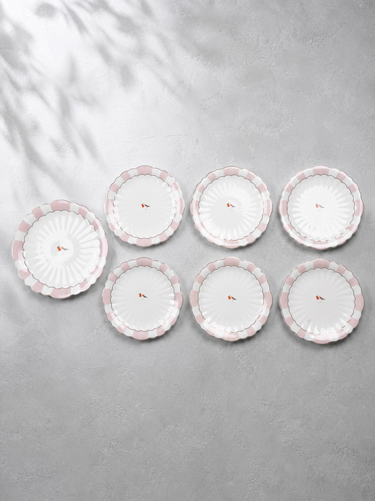 SAGA 7 Parça Kuş Desenli Porselen Pasta Servis Seti Pembe - rev0206