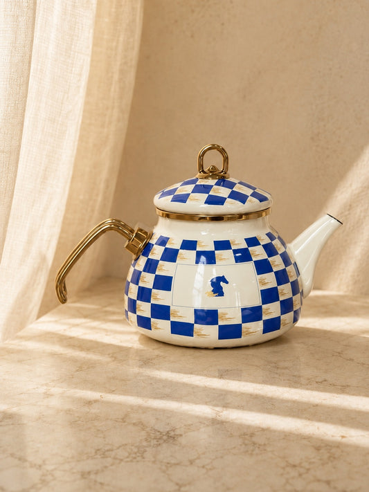 YELE Emaye Çaydanlık Takımı Damalı At Desenli Mavi